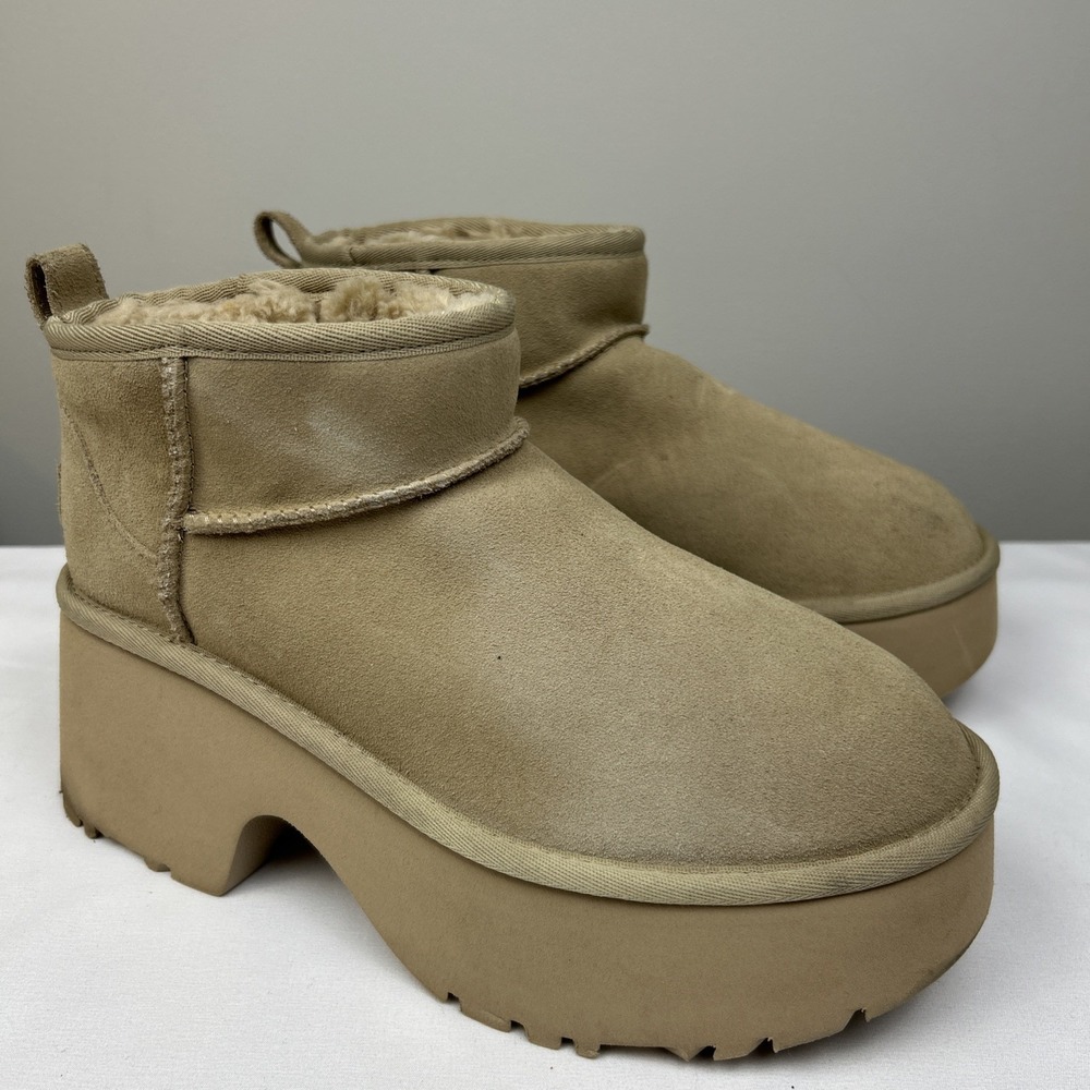 UGG Mini Platform Boots Womens 8 New Heights Chestnut Brown 11584311 Beige Suede